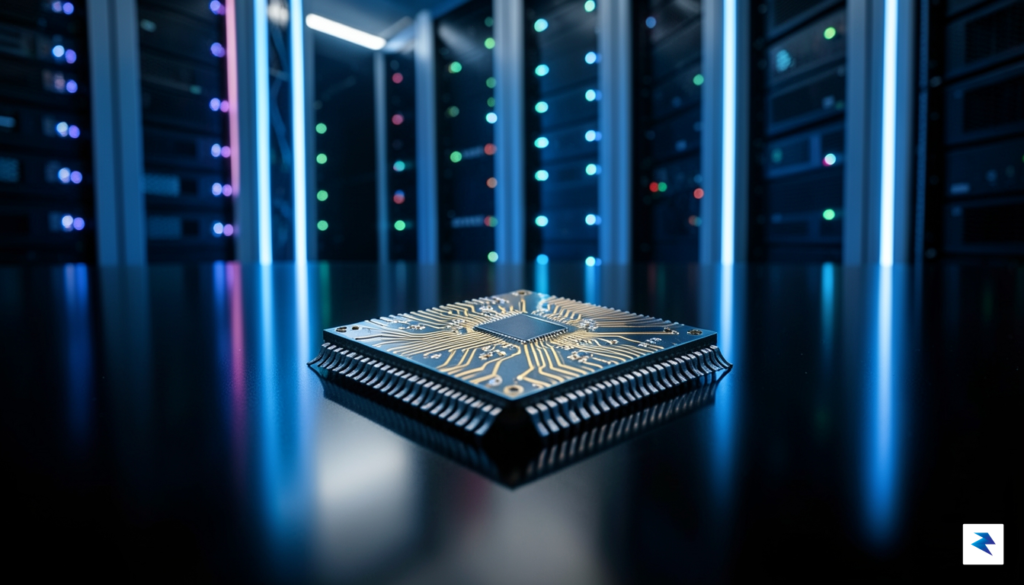 A sleek, high-tech semiconductor chip resting on a dark, illuminated…