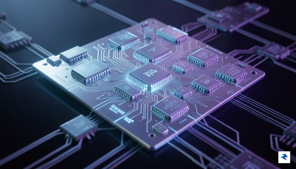 A conceptual, high-tech rendering showing a glowing, futuristic circuit board…