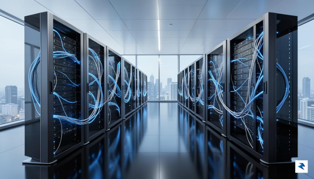 A sleek, modern data center server room with glowing blue…