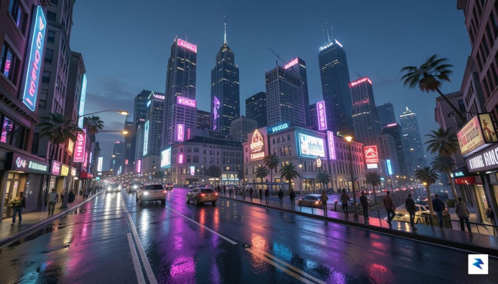 A cinematic, high-detail wide shot of a neon-lit Vice City&hellip;