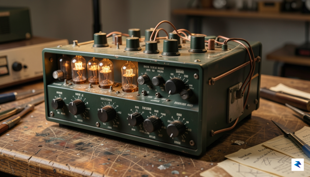 A macro, cinematic shot of a vintage 1960s laboratory signal…