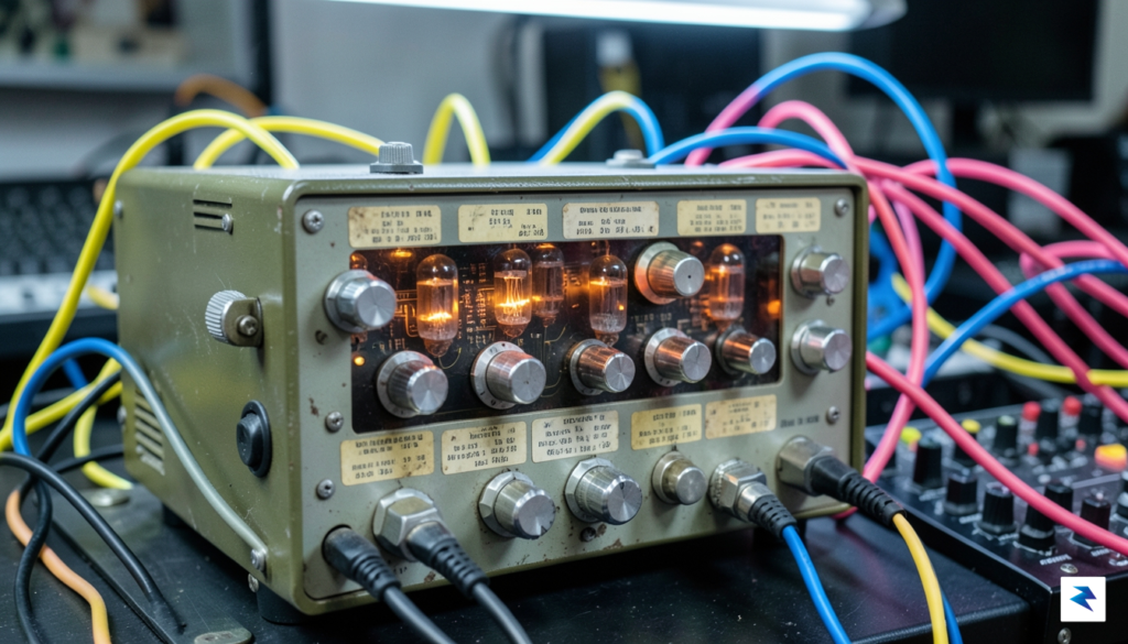 A close-up, high-detail photograph of a vintage 1960s laboratory signal…