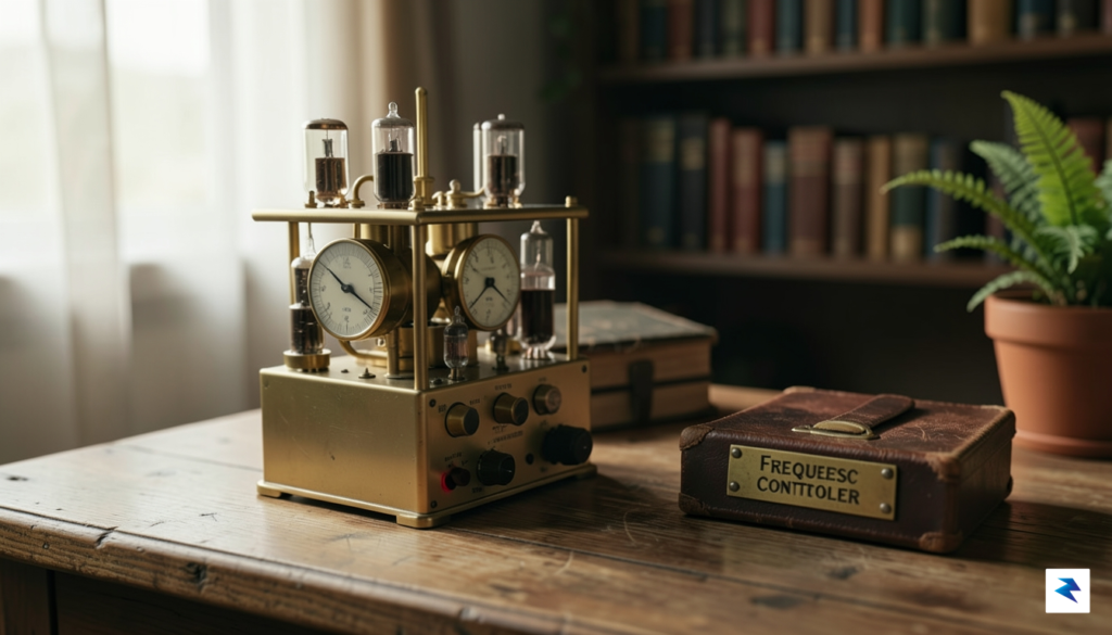 A close-up, high-detail shot of a vintage scientific oscillator sitting…