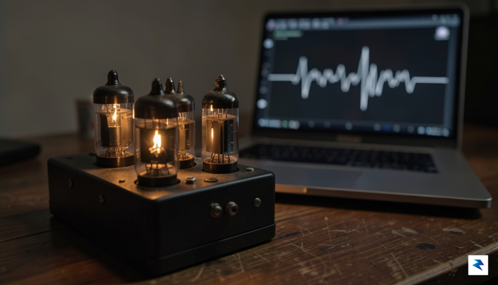 A close-up, moody photograph of a vintage, glowing vacuum tube…