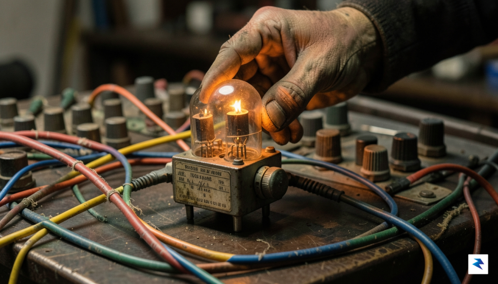 A close-up, high-detail photograph of a vintage, glowing vacuum tube…