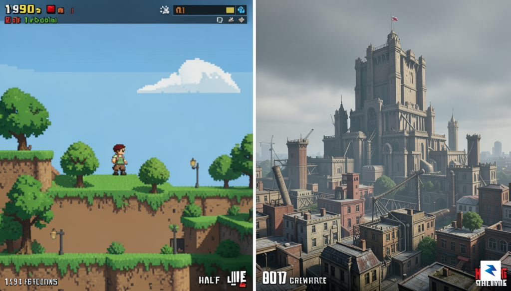 A split-screen digital art piece showing a pixelated 1990s browser&hellip;
