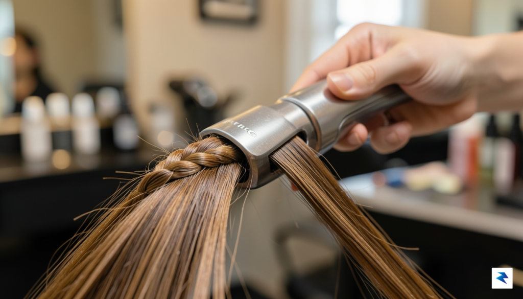 A close-up shot of the sleek HaloBraid device delicately weaving&hellip;