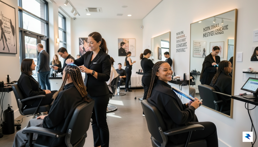 A modern, bustling hair salon with multiple stylists efficiently working&hellip;