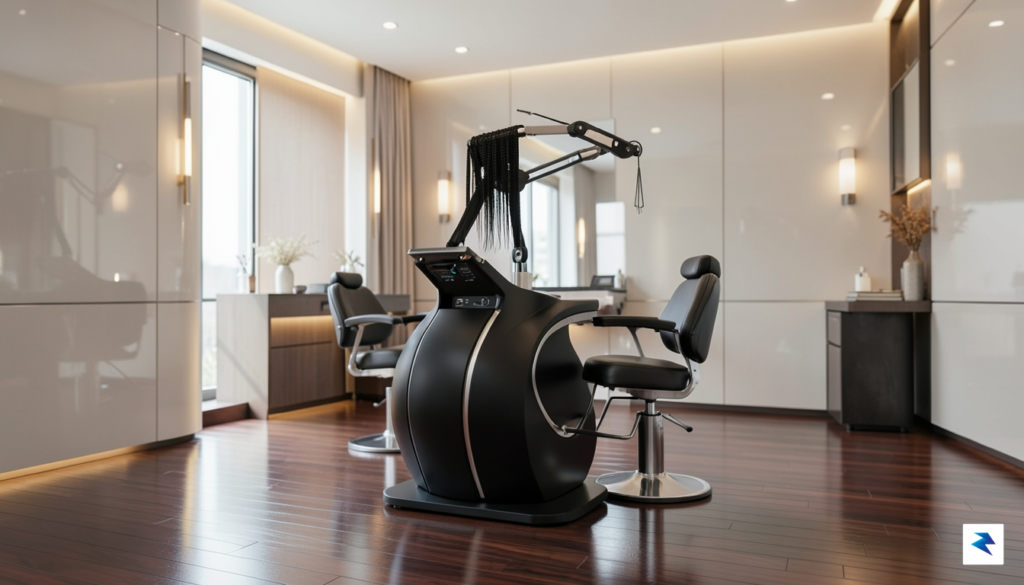 A sleek, futuristic hair salon environment featuring a high-tech, ergonomic&hellip;