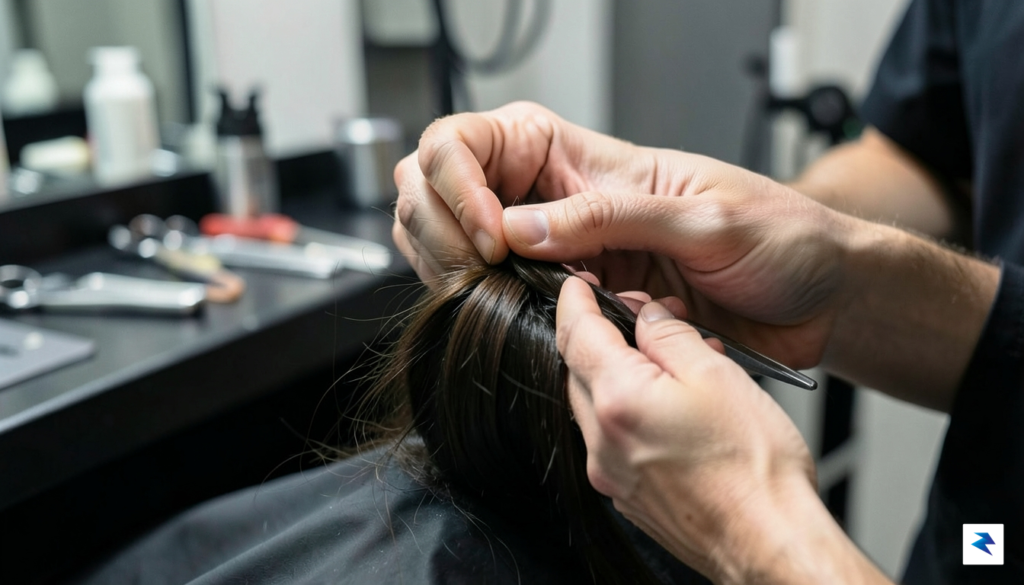 A close-up, cinematic shot of a professional hair stylist&rsquo;s hands&hellip;