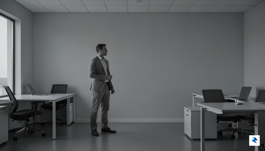 A minimalist, high-contrast photograph of a person standing in a…