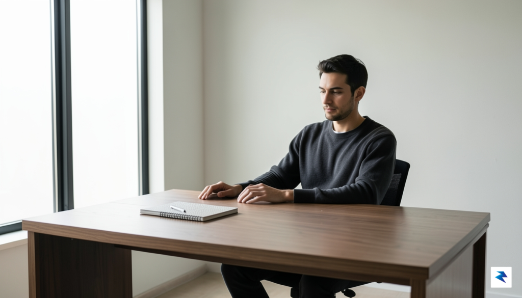 A minimalist, high-contrast photograph of a person sitting at a…