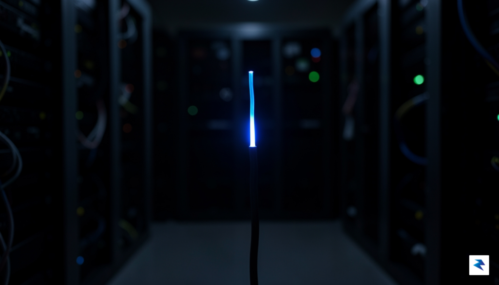 A minimalist, high-contrast photograph of a single glowing fiber-optic cable…