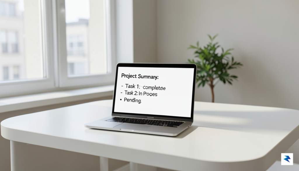 A minimalist, clean office workspace with a single laptop open,…