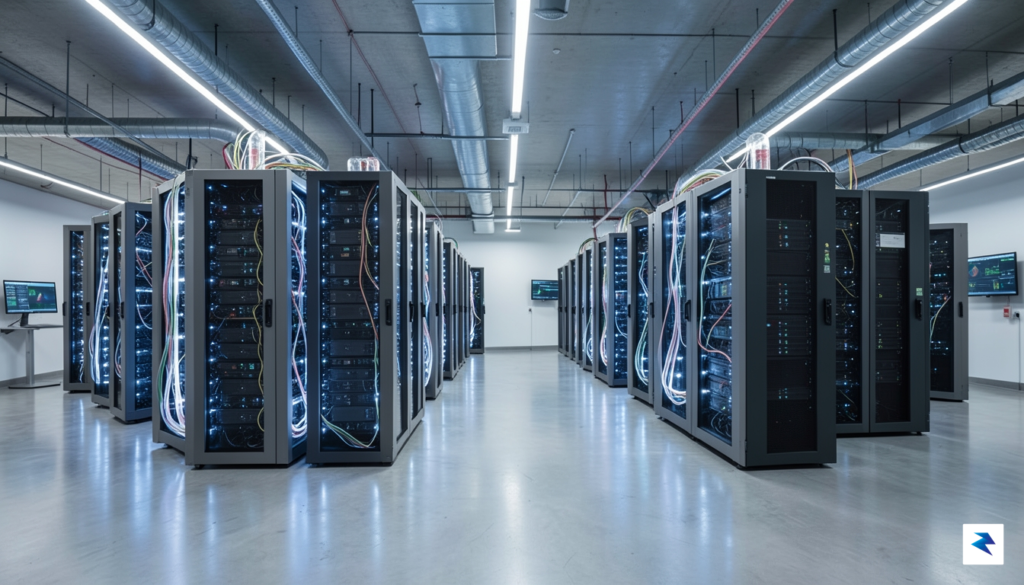 A modern, high-tech data center interior featuring rows of illuminated…