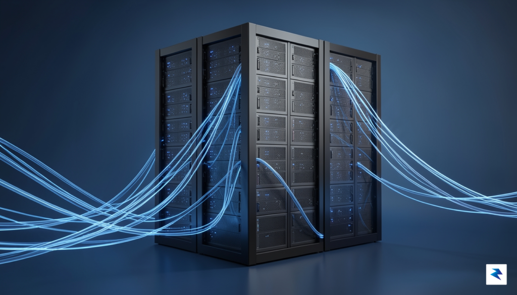 A digital rendering showing a sleek, modern data center server…