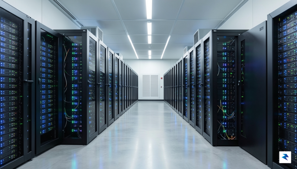 A modern, brightly lit data center aisle with rows of…