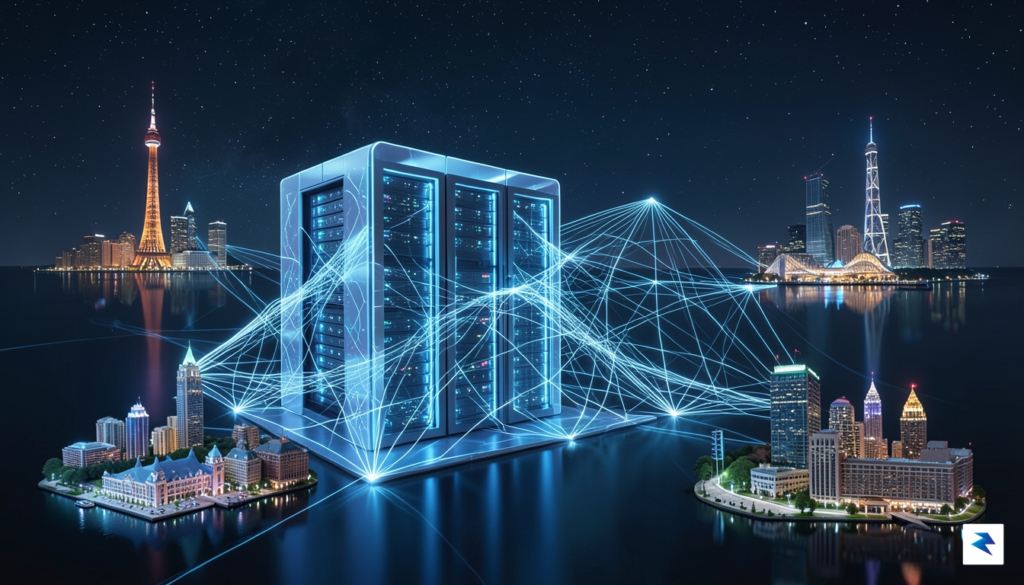 A conceptual digital rendering showing a glowing network of fiber…