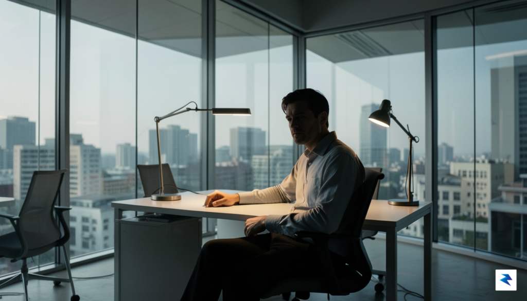 A cinematic, moody portrait of a man in a modern,…