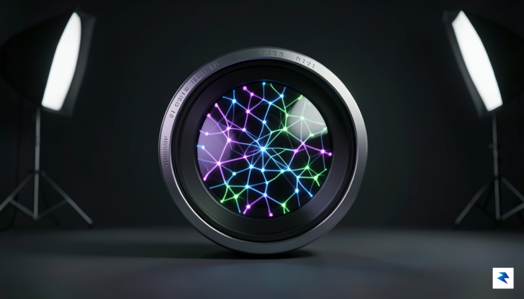 A conceptual digital art piece showing a sleek, minimalist film…