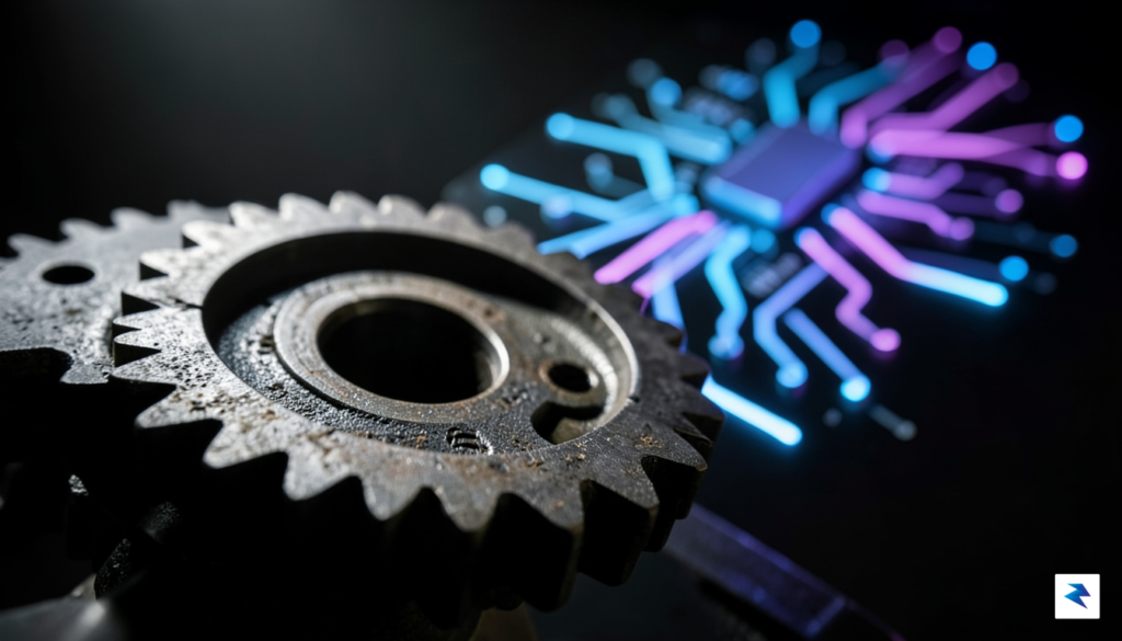 A conceptual, high-contrast photograph showing a blurred, traditional mechanical engine&hellip;