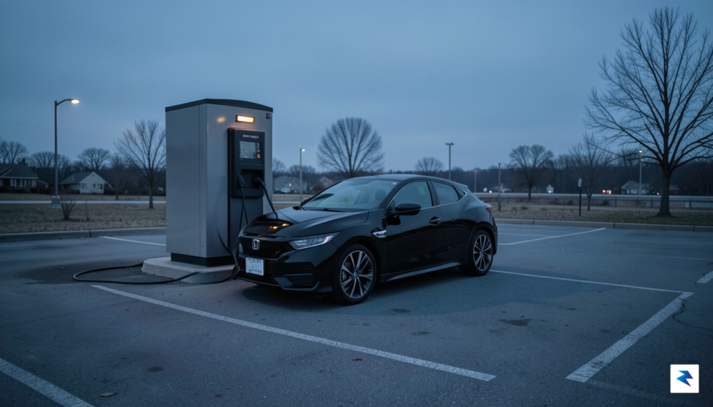 A modern Honda electric vehicle parked at a desolate, dimly&hellip;