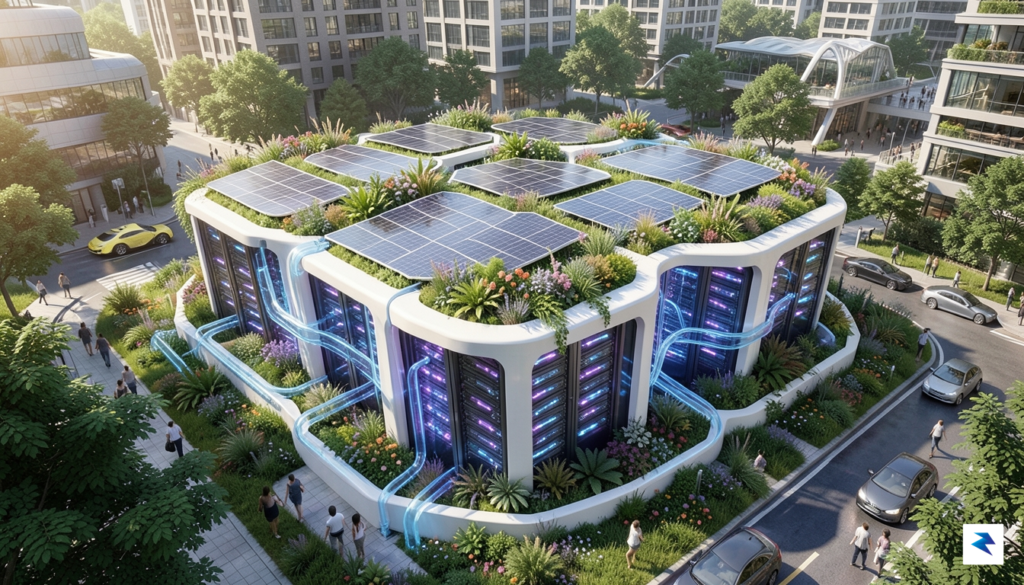 A futuristic, conceptual visualization of a modular, green-energy-powered data center&hellip;