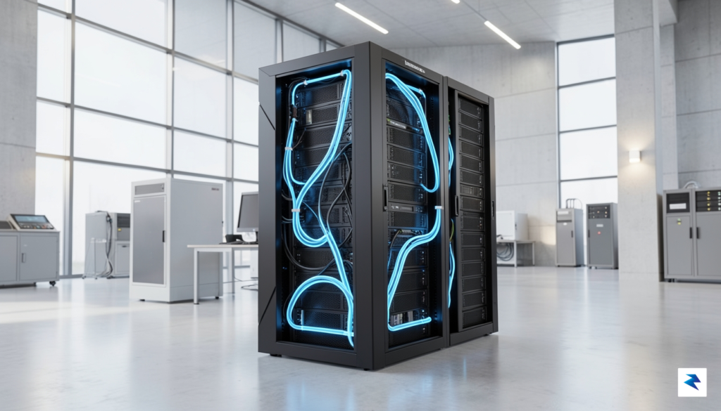 A conceptual 3D render showing a high-efficiency server rack with&hellip;