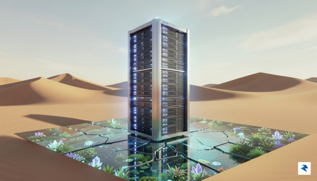 A conceptual digital illustration showing a glowing, high-tech server rack&hellip;