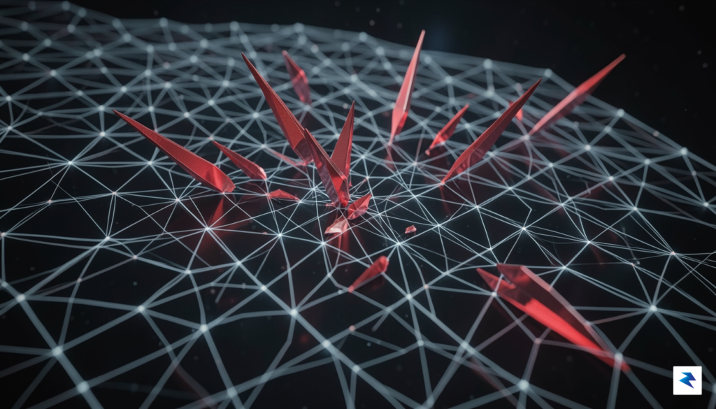 A digital visualization of a glowing, abstract network grid being&hellip;