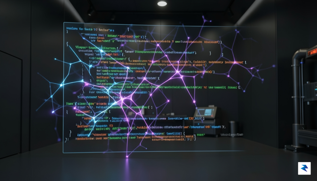 A sleek, futuristic digital workspace showing a glowing neural network&hellip;
