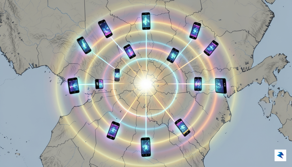 An infographic illustration showing a network of Android phones pulsing&hellip;