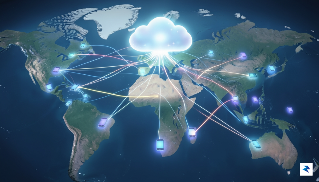 A digital illustration showing a glowing network of connected smartphones&hellip;