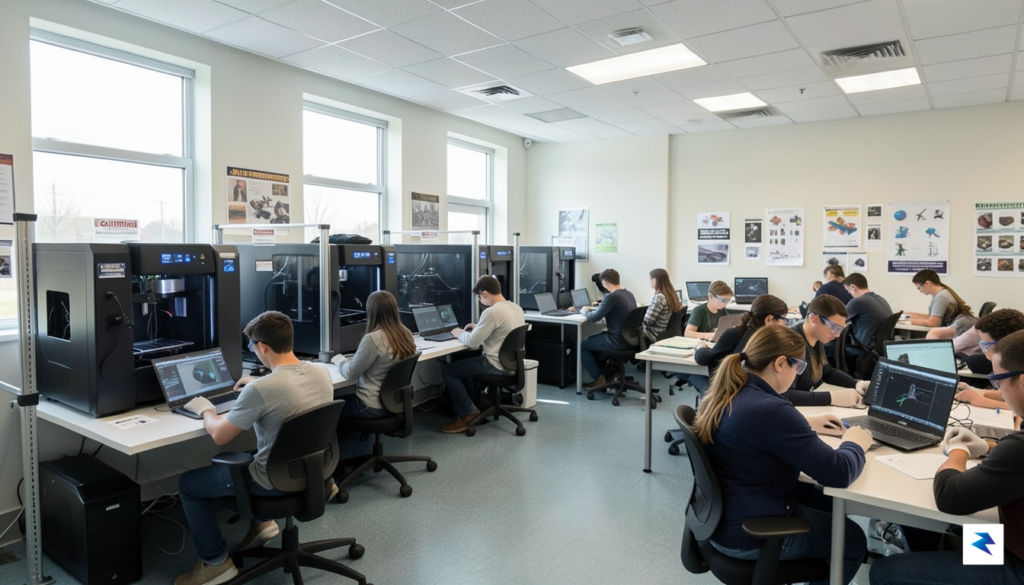 A modern, well-lit STEM classroom featuring a row of 3D&hellip;