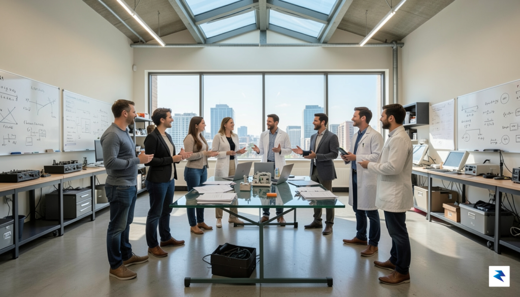 A diverse group of educators and engineers standing in a&hellip;