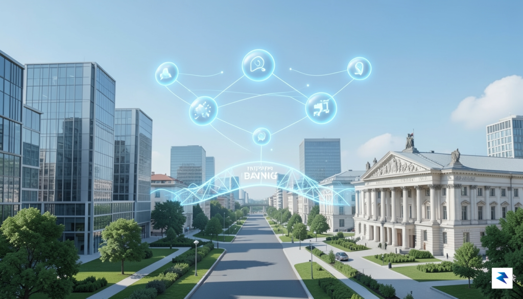 A conceptual digital illustration showing a clean, modern European financial&hellip;