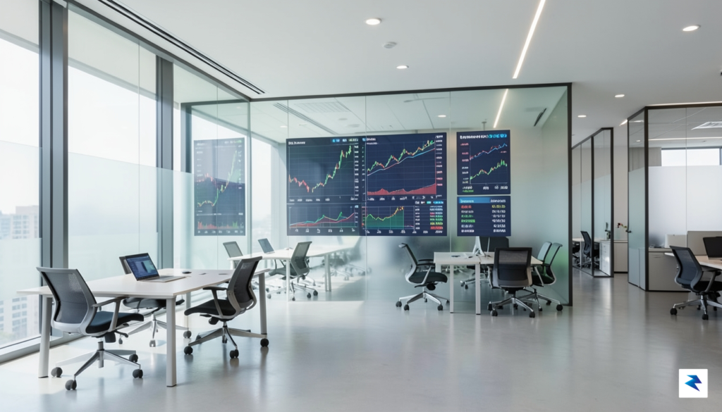 A modern, sleek office interior with digital financial charts visible&hellip;