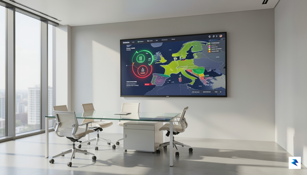 A modern, sleek office environment featuring a digital dashboard displaying&hellip;
