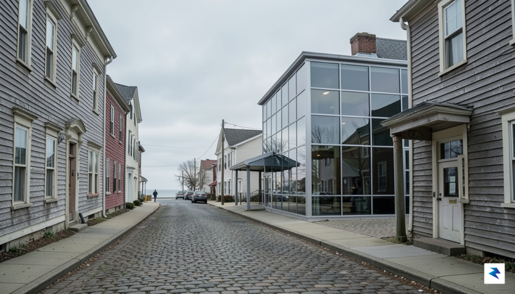 A wide-angle, atmospheric photograph showing the intersection of a quiet,&hellip;