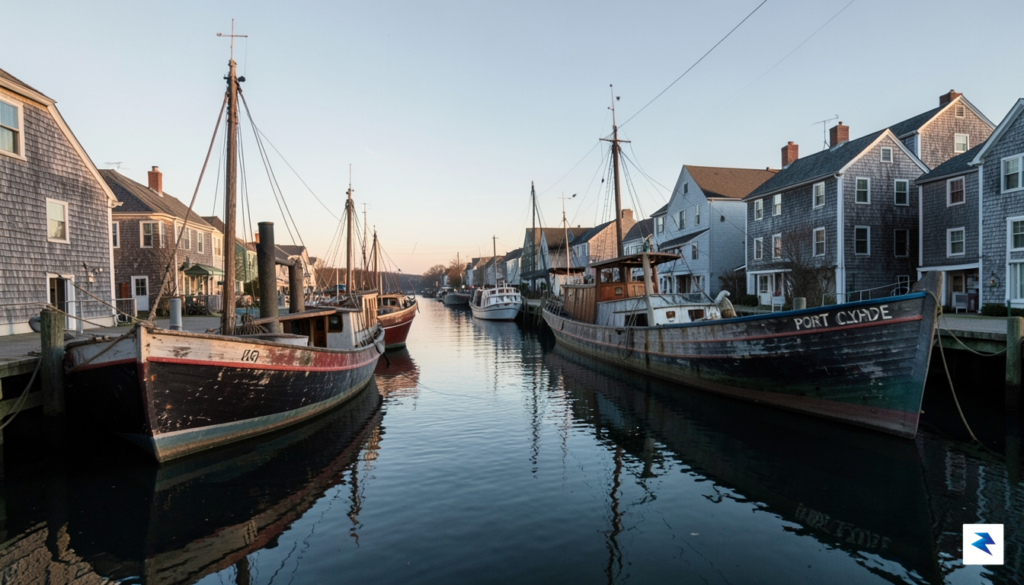 A wide-angle, atmospheric shot of the Port Clyde harbor at&hellip;
