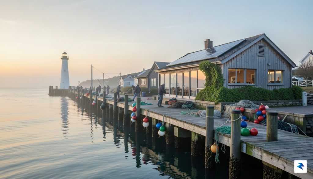 A wide-angle, atmospheric photograph showing a historic Maine fishing wharf&hellip;