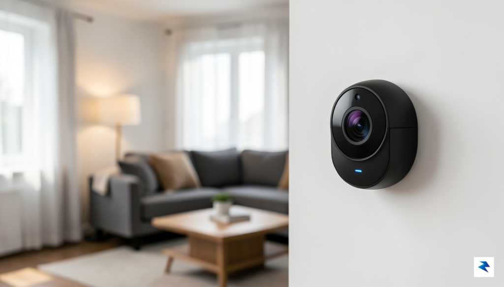 A close-up, high-quality photograph showing a sleek smart home camera&hellip;
