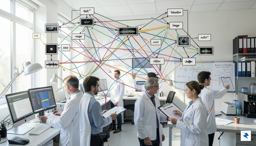 A diagram showing complex, interconnected nodes representing different AI modalities&hellip;
