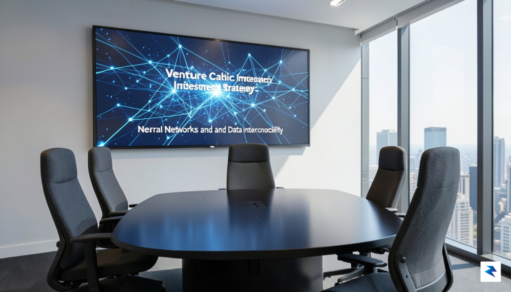 A modern, sleek office boardroom featuring a digital display showing&hellip;