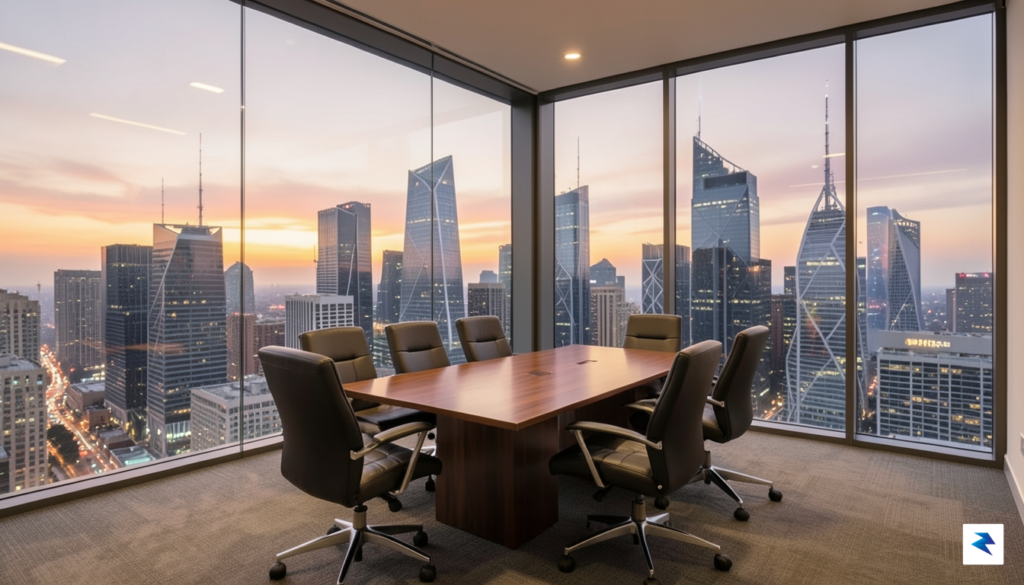 A high-resolution, professional photograph of a modern glass-walled boardroom overlooking&hellip;