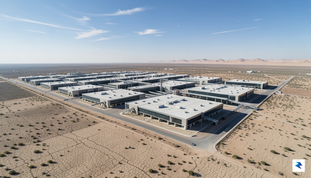 An aerial wide-angle shot of a sprawling, modern industrial data&hellip;