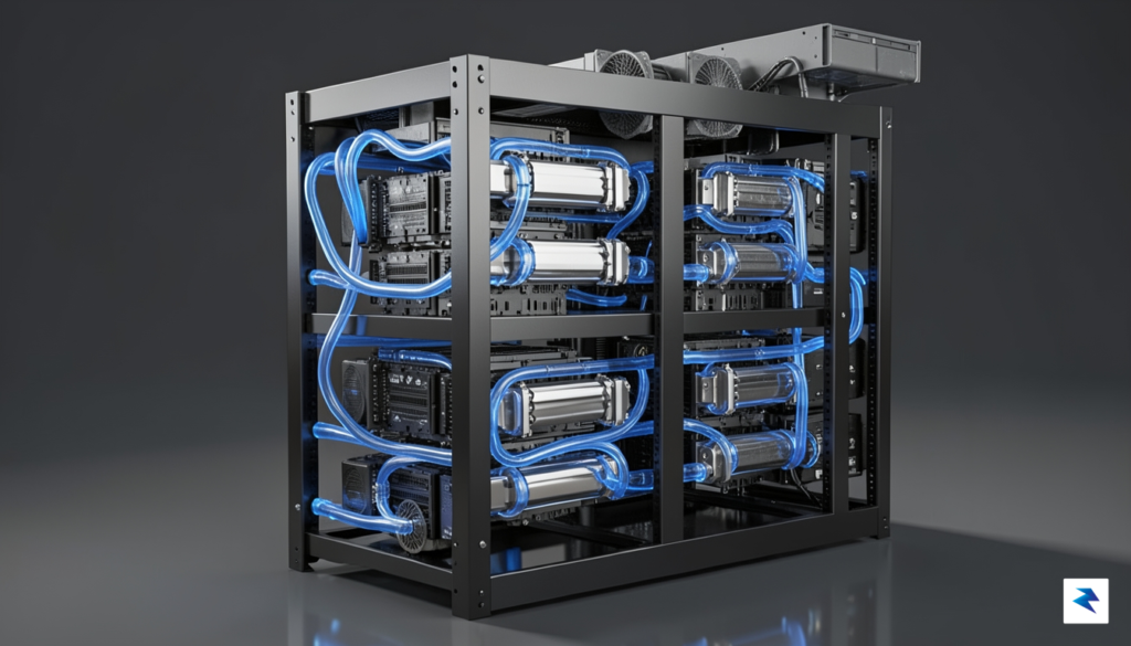 A detailed 3D technical render showing a server rack with&hellip;