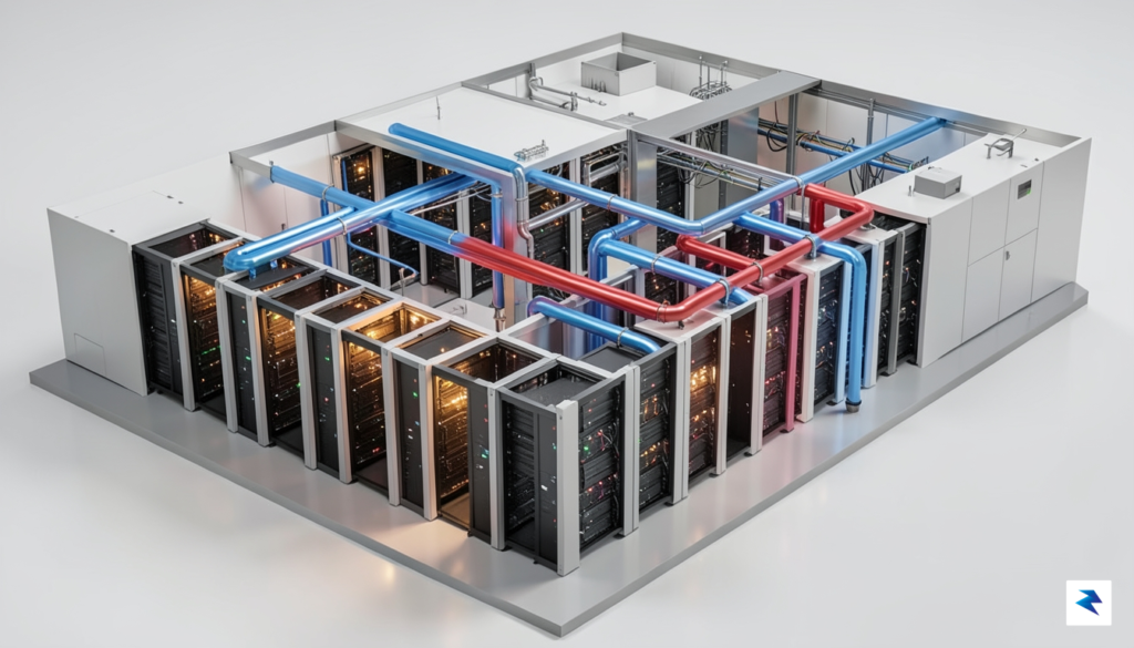 A 3D architectural cutaway of a modern data center showing&hellip;