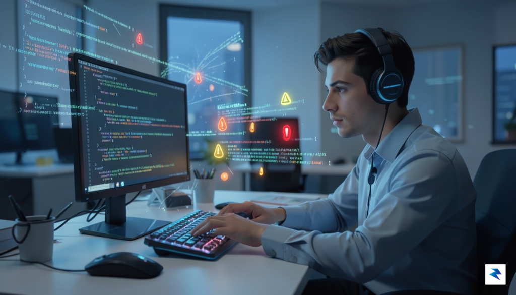 A digital illustration showing a human software engineer working at&hellip;