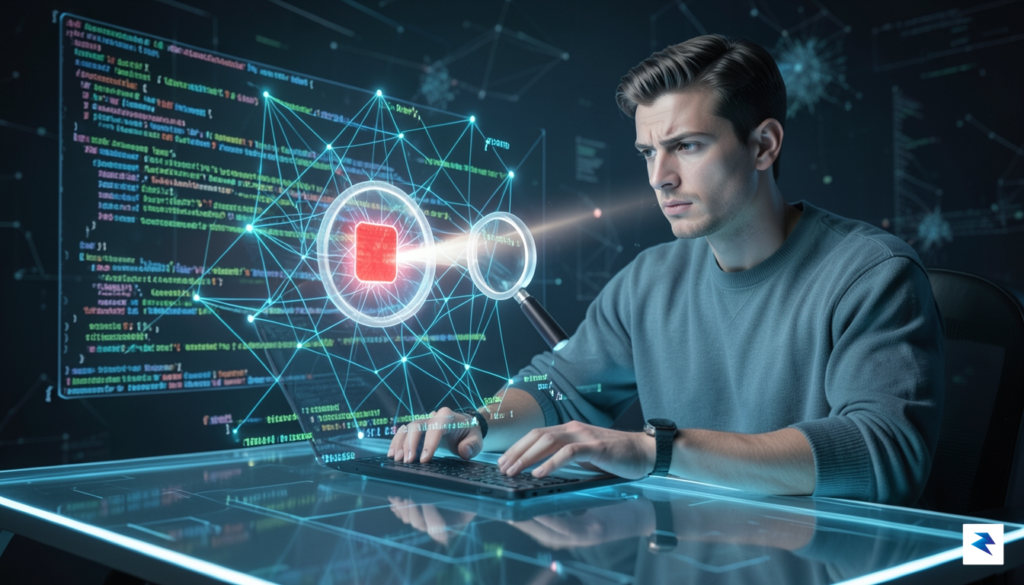 A conceptual digital illustration showing a human developer looking at&hellip;